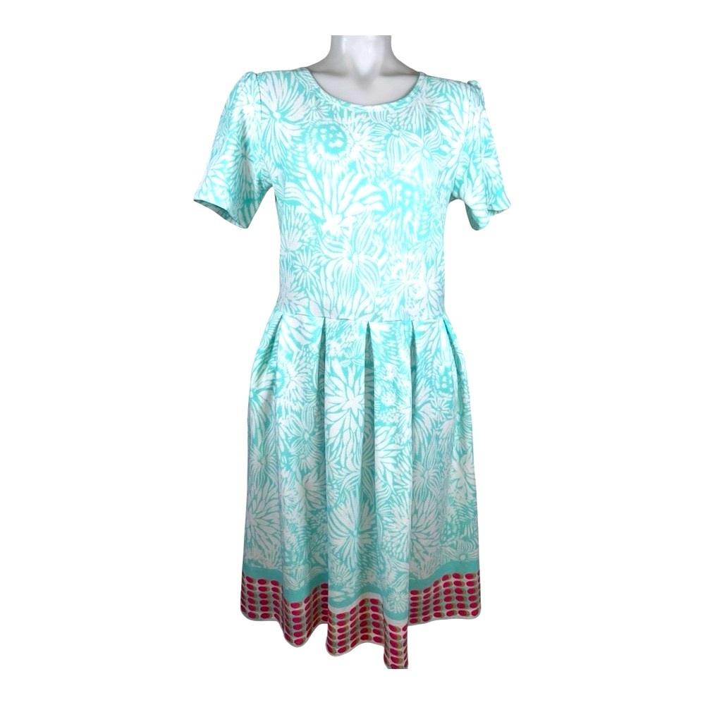LuLaRoe Aqua Mint Floral Fit & Flare Dress with Pink Border